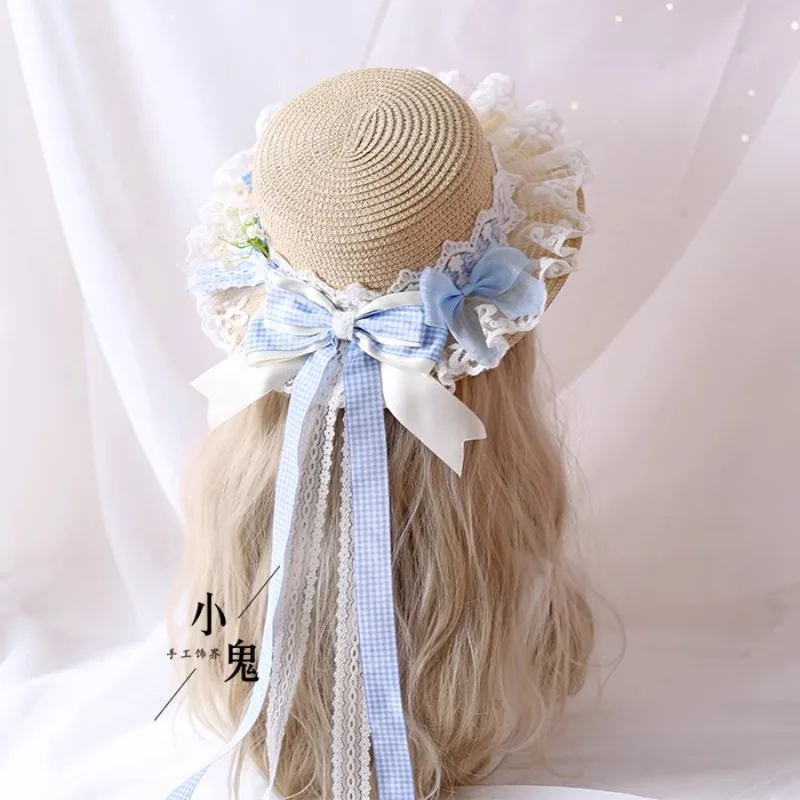 Multi-colored plaid straw hat Japanese versatile pastoral light blue sweet bow hats