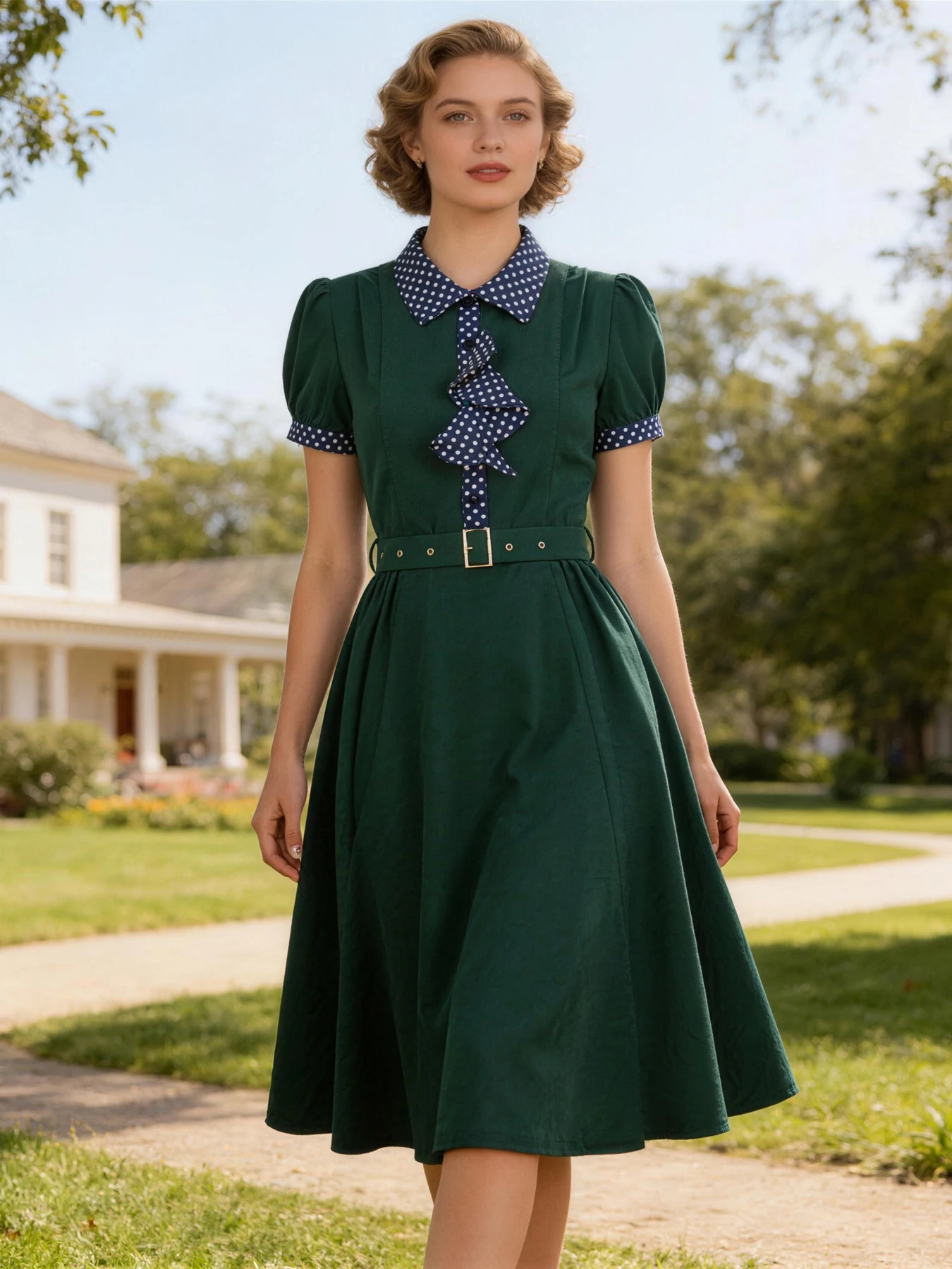 Tonval Contrast Collar Ruffles Detail Vintage Summer Swing Dress 1950s Party Wear Women Belted Elegant Dresses