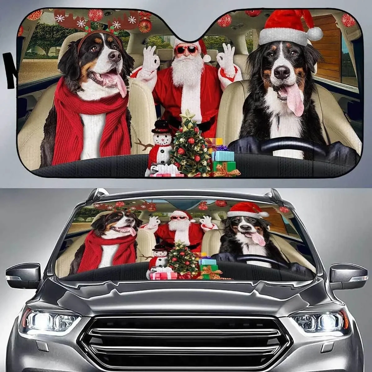 Bernese Mountain Dog Driving Xmas Auto Sunshade, Christmas Bernese Mountain Couple Dog with Santa in Car UV Protection Car Winds