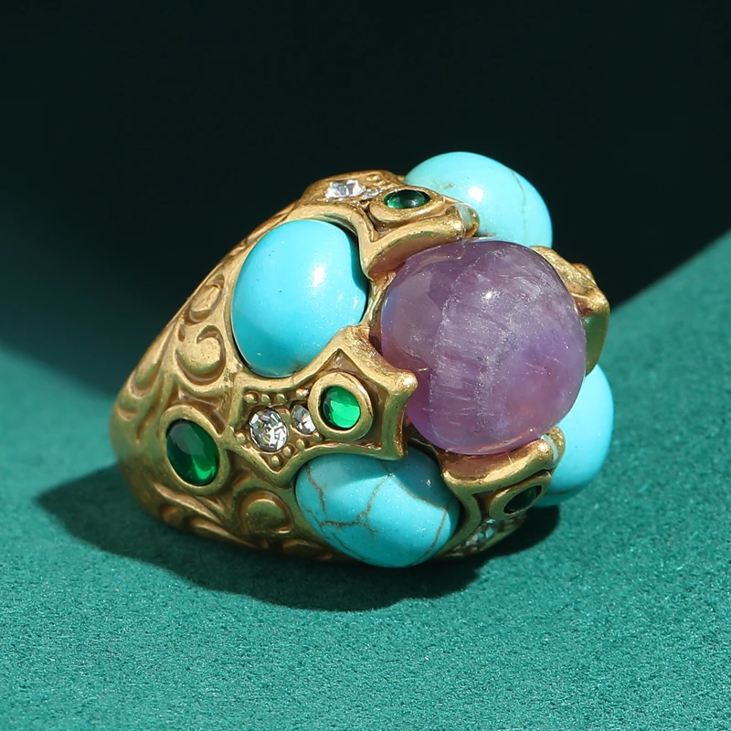 

Vintage Large Purple Crystal Rings Turquoise Natural Stone Jewelry Green Glaze Decoration Designer Luxury 2026 For Girls Wedding
