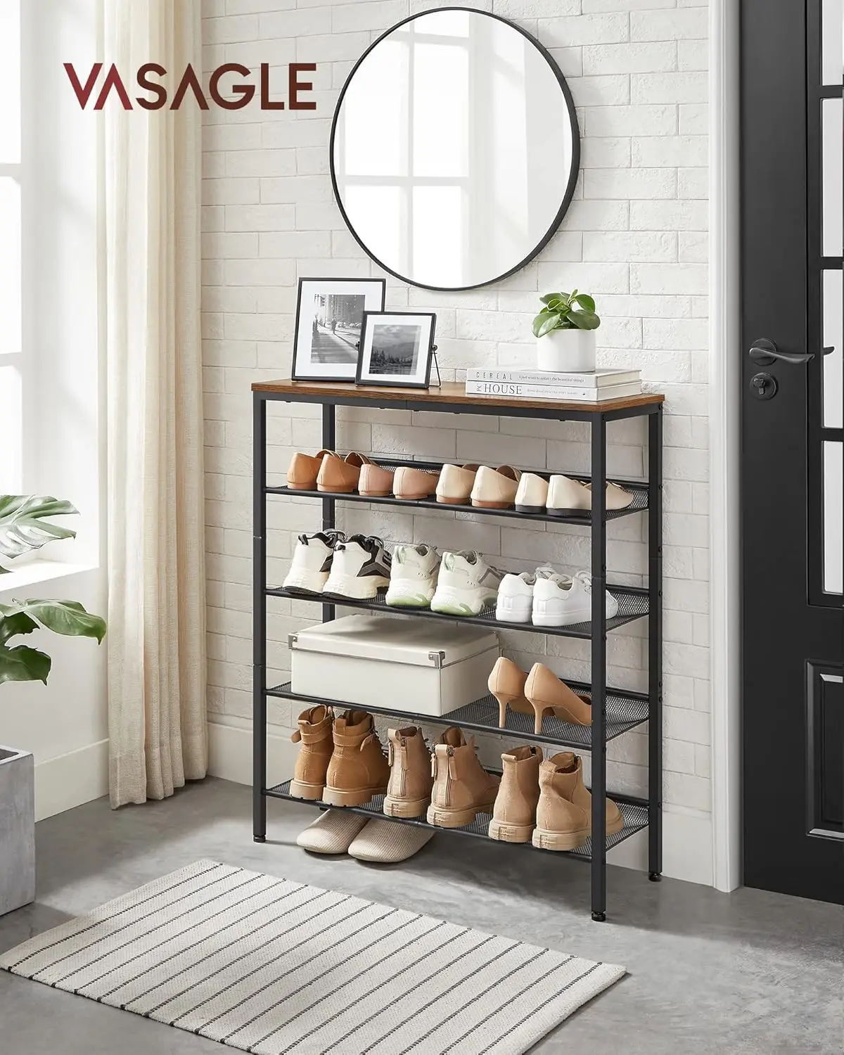 VASAGLE Shoe Rack for Entryway, 5 Tier Shoe Storage Shelves, 16-20 Pairs Shoe Organizer,with Sturdy Wooden Top and Steel Frame,