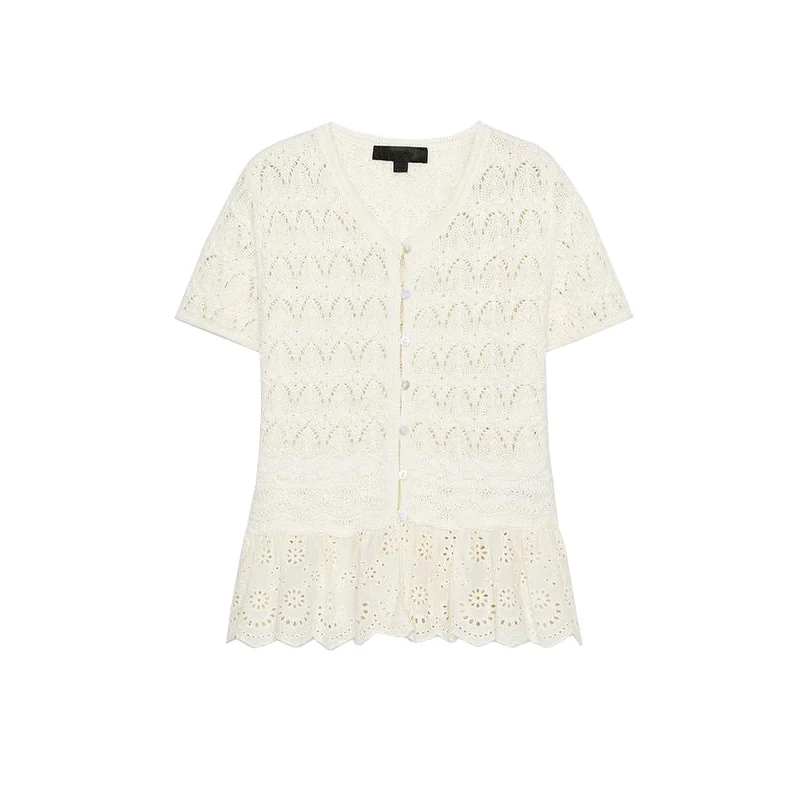 

Summer Women's Embroidered Hollow out Knit ort Sve round Ne Top Romantic Sle Splice Decorative Faionable Commute S...