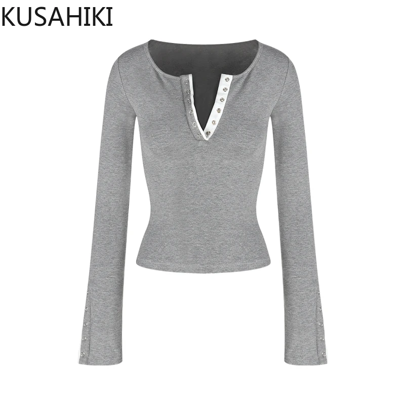 KUSAHIKI Color Blocked V-neck Long Sleeved T-shirt for Women Tight Fitting Inner Layer Bottom Spicy Girl Y2k Top