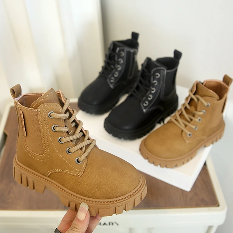 Boys Girls Fashion Stitched Ankle Boots Lace-Up Side Zipper Combat Booties Non-Slip Thick Soft Rubber Sole Boots for Litter Kids