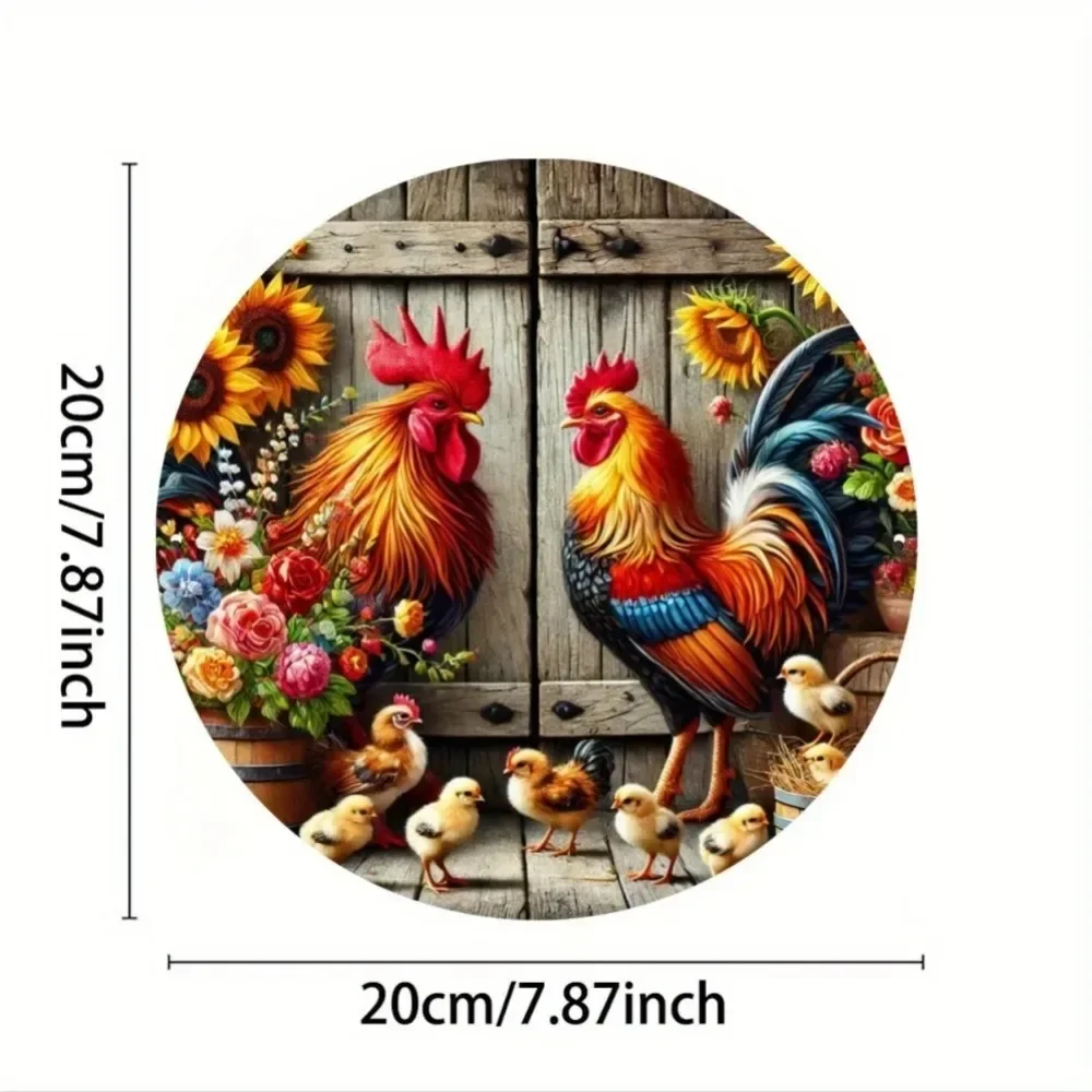 CIFBUY Rustic Farm Animal Round Aluminum Wall Sign Vintage Rooster & Chick Floral Print Waterproof Pre‑Drilled Home Wall Decor