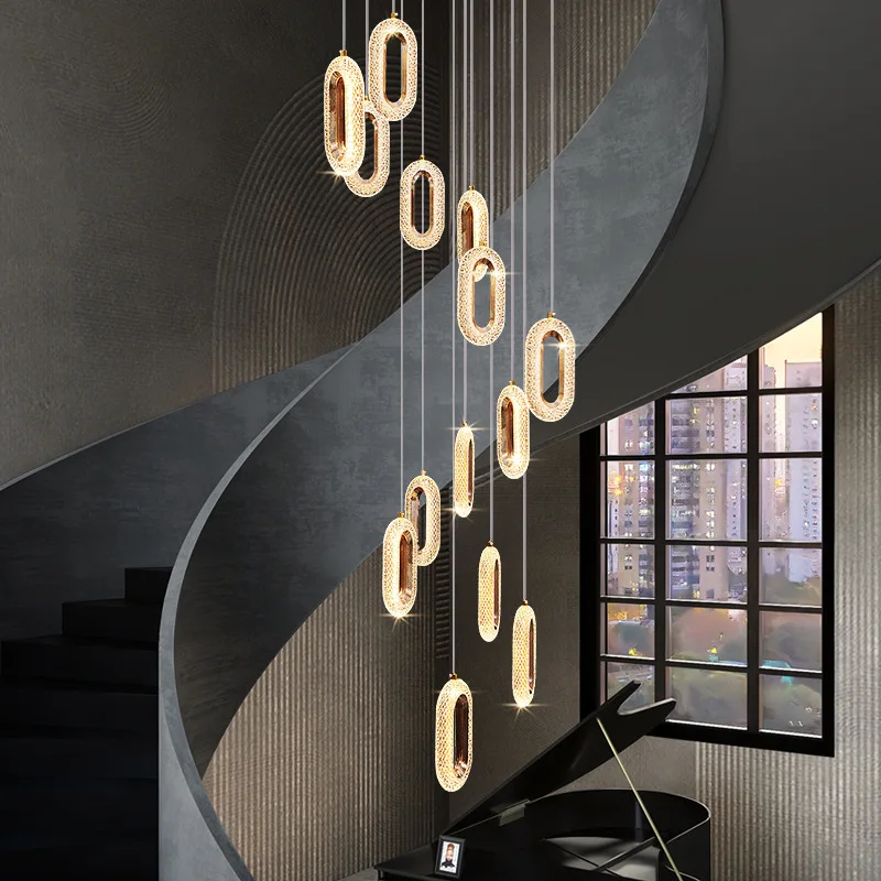 

Duplex rotating staircase long chandelier post-modern simple light luxury villa hollow designer art lamp living room headlight
