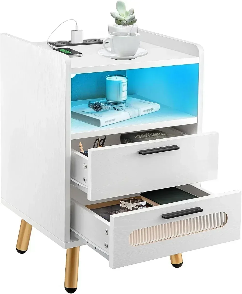 Night Stand with 2 Drawers, End Table with USB/Type-C Ports and Outlets, Modern High Gloss Nightstand for Bedroom