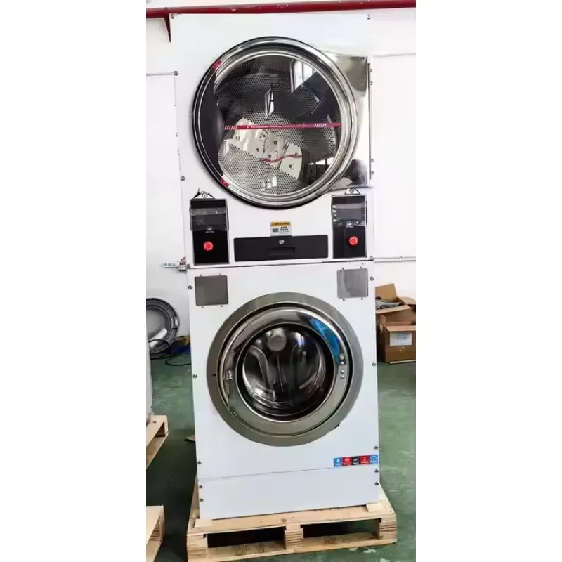 

Stacked coin-operated washer and dryer combination