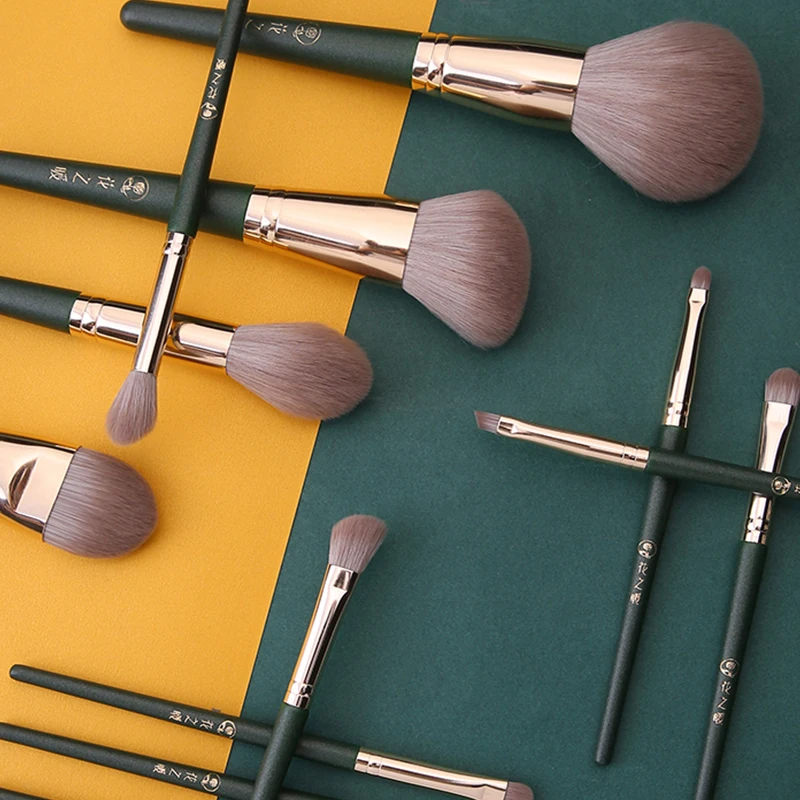 Wholesale Makeup Brushes Set 14pcs Dark Green Wood Handle Custom Logo Cosmetics Make up Tools Powder Foundation Eyeshadow Brush