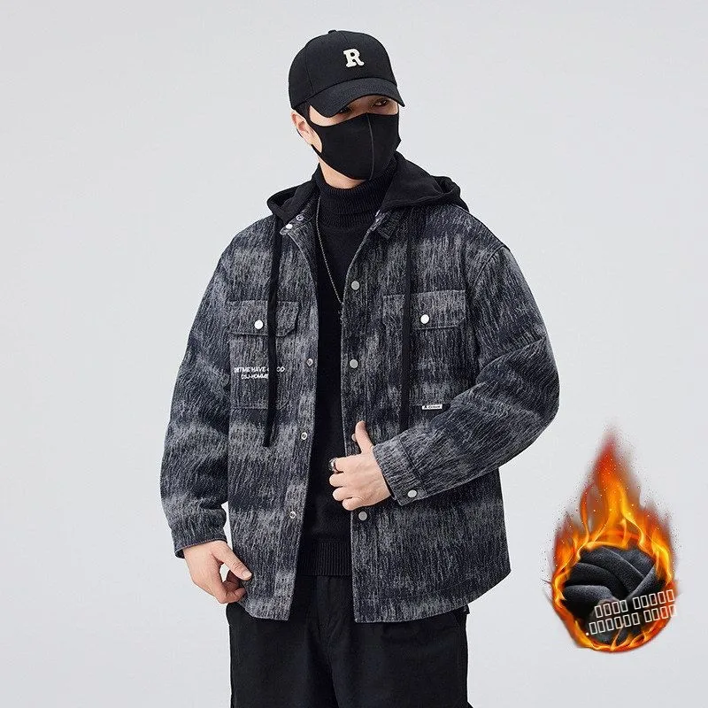 

High Quali Thiened Retro Plaid Denim Jaet Men's Sle Autumn Winter New Trendy Brand Turn-down Collar Coat Casual Wear