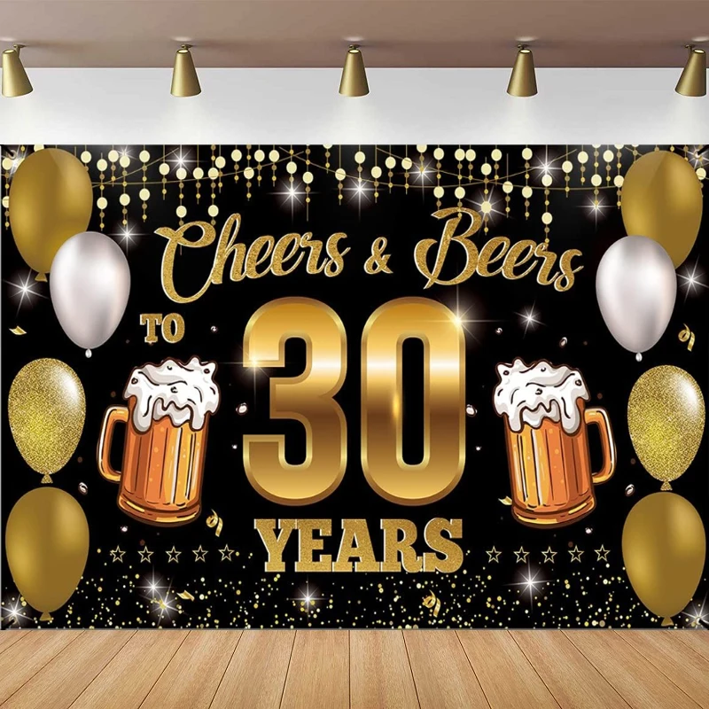 

Фон для фотосъемки Cheers & Beers до 30 лет, баннер с днем рождения, декор для вечеринки в честь 30-летия, мужской и женский черный золотой фон, постер