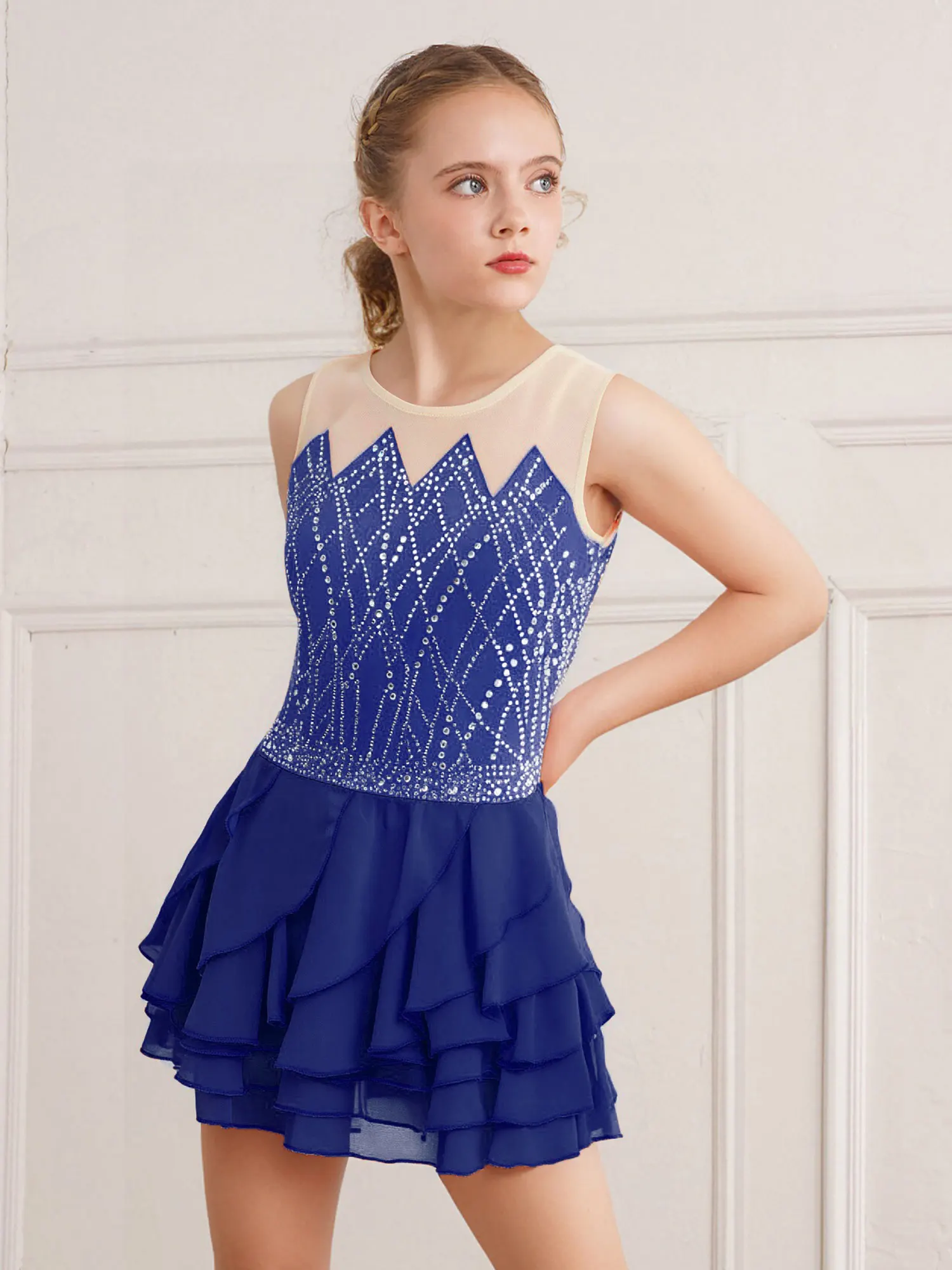 Children Figure Skating Leotards Ballet Ice Skating Dresses Teens Rhythmic Gymnastics Dancewear Girls Mesh Dress Dance Costume