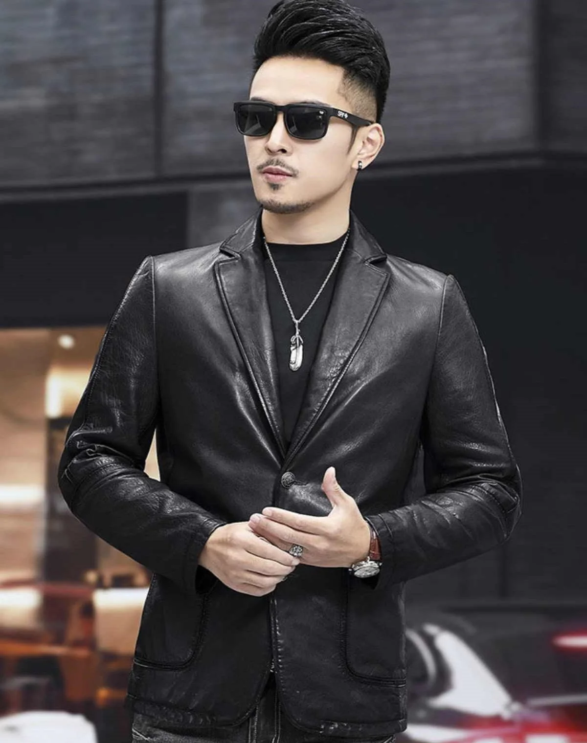 Asian Business Sheep Leather Jacket Men's Short Suit Collar Leatherware Coat Thin Slim Fit Casual Blazer in OrientTown in037