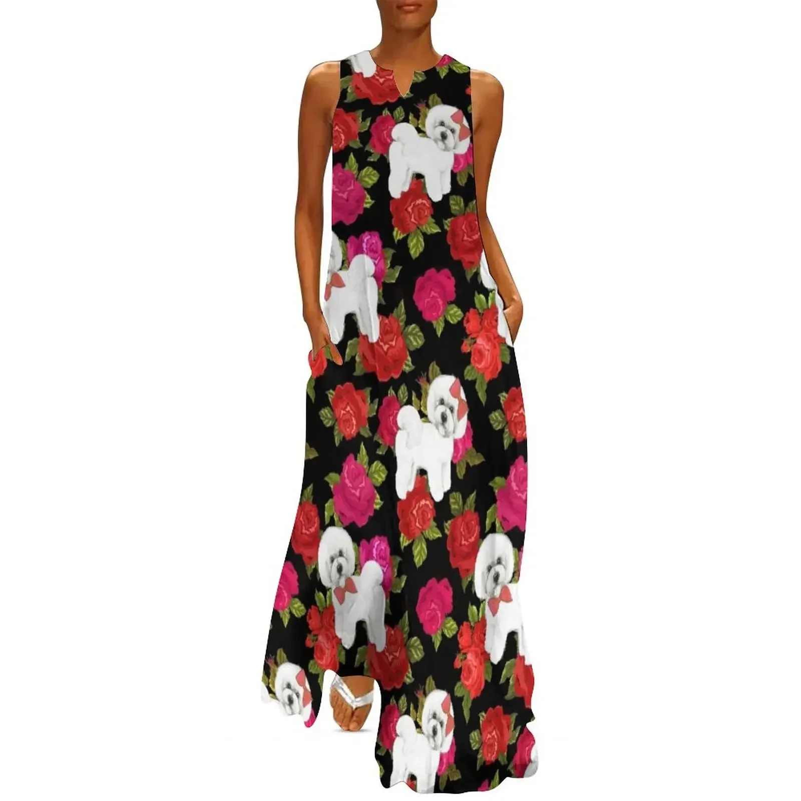 

Bichon Frise Red rose, Pink rose Floral Long Dress prom dresses 2025 dress party night Elegant gown clothes for women Dress