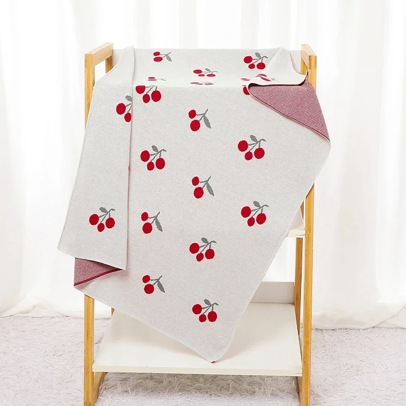 Newborn Baby Blanket 90*70CM Cotton Knitted Toddler Bedding Quilt Cute Cherry Plaid Covers Infant Girl Boy Stroller Swaddle Soft