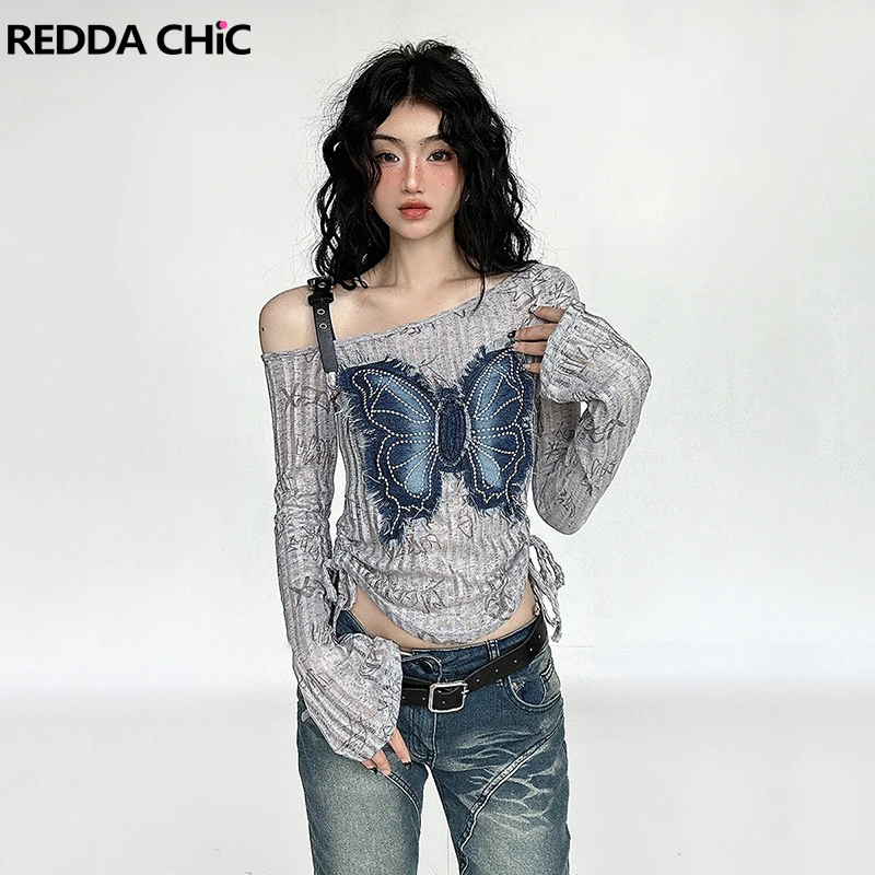 

ReddaChic Leather Belt Slant Shoulder Women T-shirt Long Sleeves Y2k Butterfly Patchwork Striped Crop Top Autumn Vintage Clothes