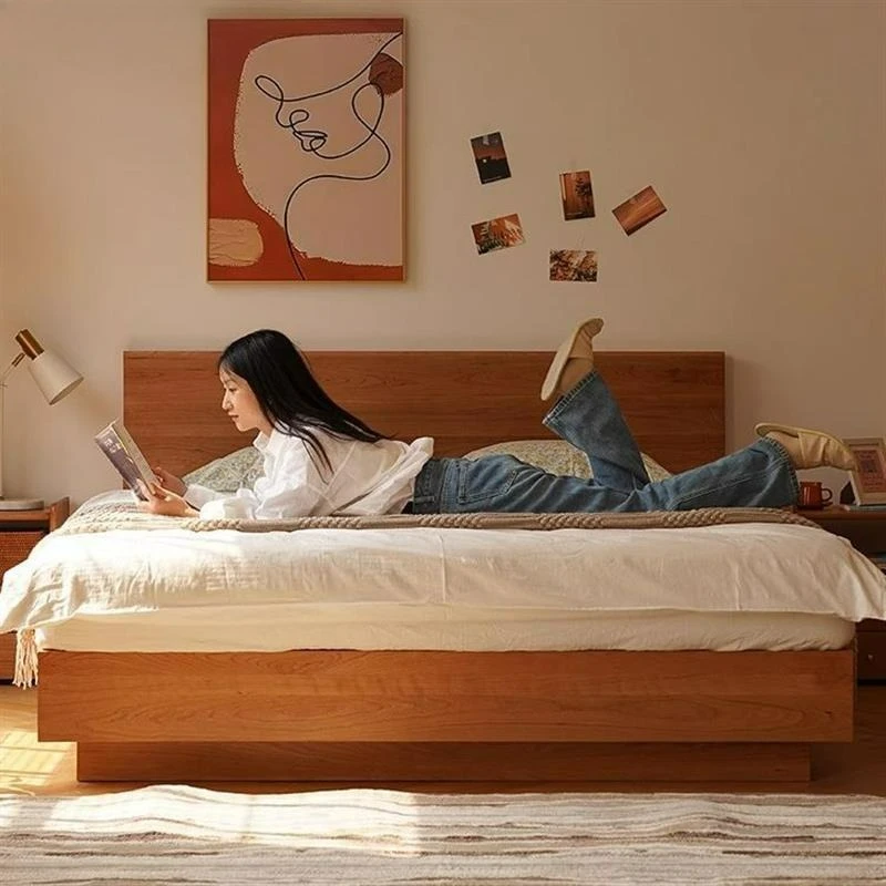 

Customizable Japanese-style cherry wooden box storage bed Nordic black walnut high backrest double bed