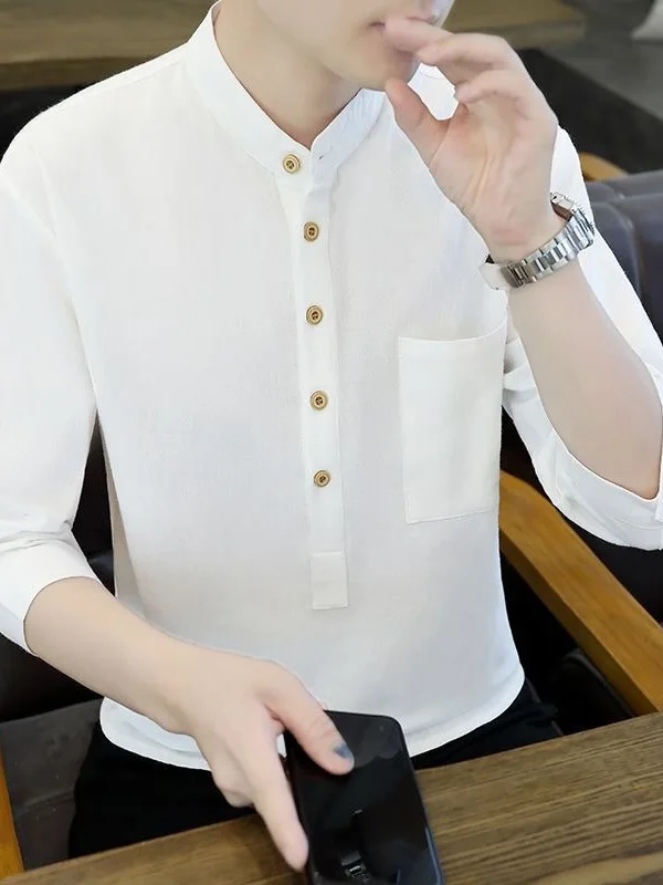 

Men's Summer Cotton Shirt Half Open Collar 7/8 Sleeve Breathable Loose Fit Casual Chinese Style Pure Cotton Breathable T-Shirt