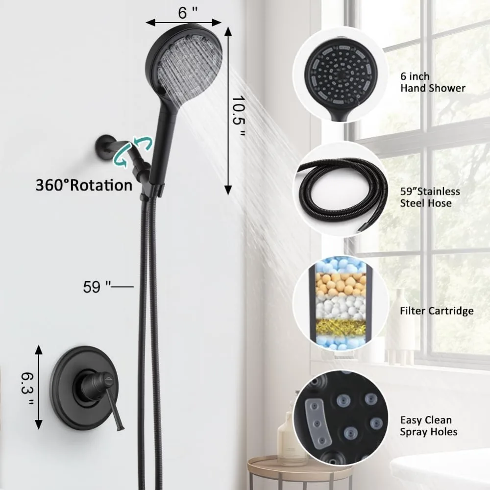 مجموعة صنبور دش عالي الضغط مقاس 6 بوصات مع 6 أوضاع رش ورأس دش مفلتر، بما في ذلك رأس دش ومرفق يدوي