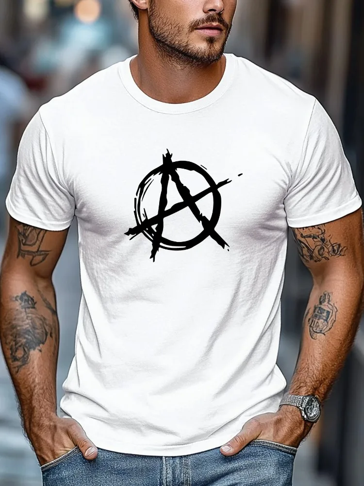 Men Royal Blue Crew Neck Tee Grunge Anarchy Circle A Symbol Graphic Soft Short Sleeve Punk Rock Street Daily Loose Male Tops
