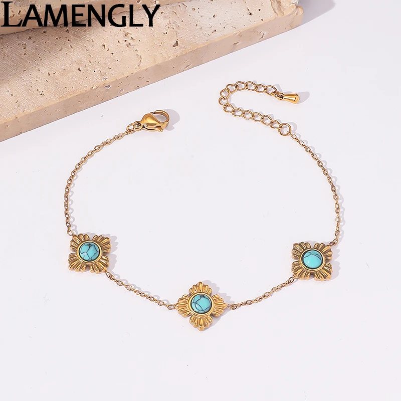 LAMENGLY 316L Stainless Steel Turquoise Petal Bracelet For Women Girl Elegant Chic 4-Leaf Flower Wrist Chain Jewelry Accessories