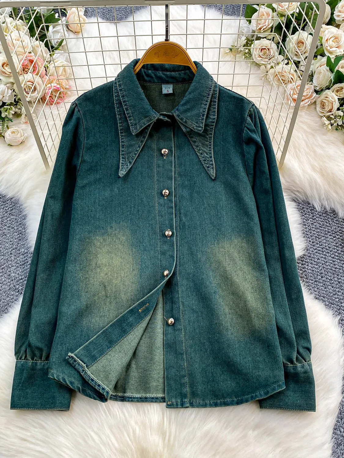 Retro American Worn-look adient Blue Double-layer Collar Denim Jaet Women's Loose Casual All-match Autumn Winter Top