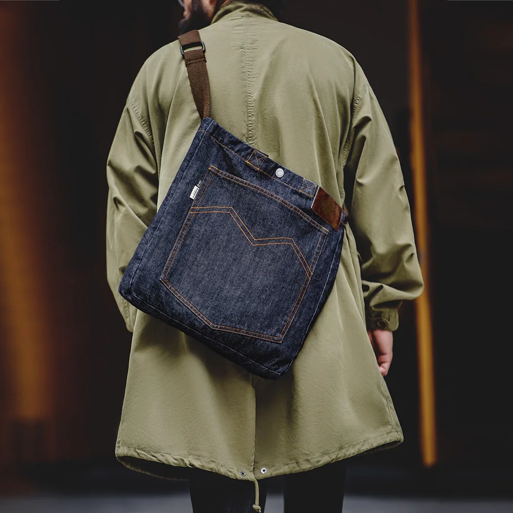 Maden Unisex Retro 14oz Denim Bags Single Shoulder Crossbody Bags Embroidered Versatile Hand-held Tote Large Capacity Bags