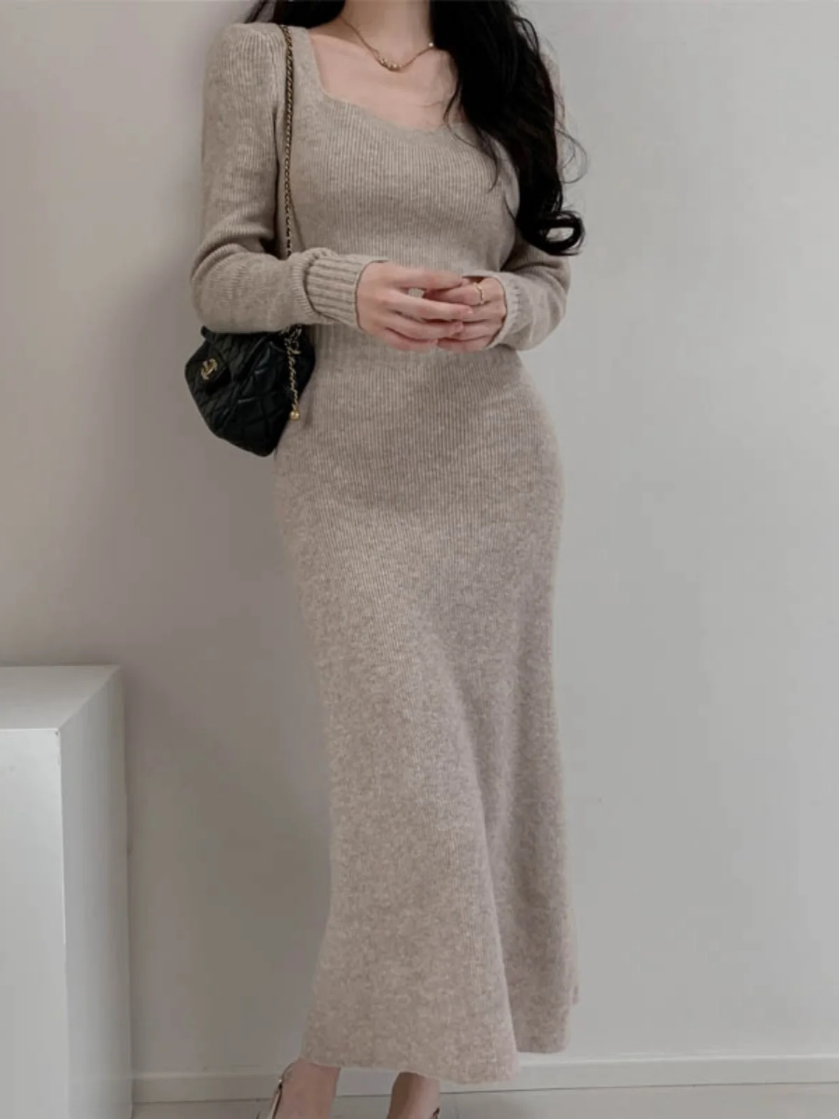 Emagrecimento de malha longa dr gola quadrada camada base camisola dr feminino outono inverno coreano sle cintura alta bodycon saia