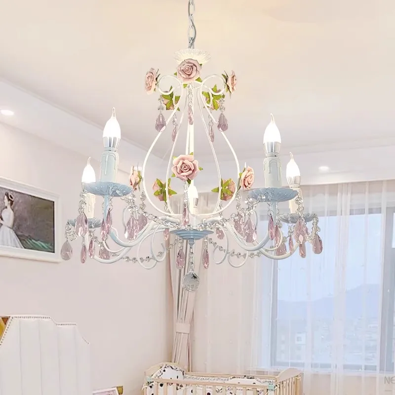 Romantic Rose Crystal Chandeliers Princess Room Girl Bedroom Decor Lamp Nordic Pastoral Style Children's Room Crystal Chandelier