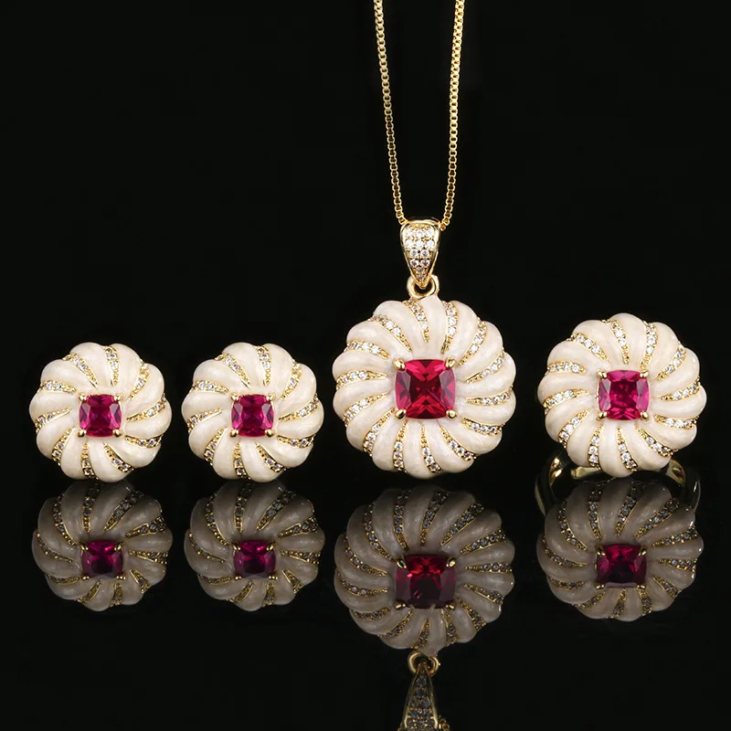 

Jewelry Set Decorative Earrings Necklace Ring European and American Luxury Retro Palace Style Enamel Square Women's Model