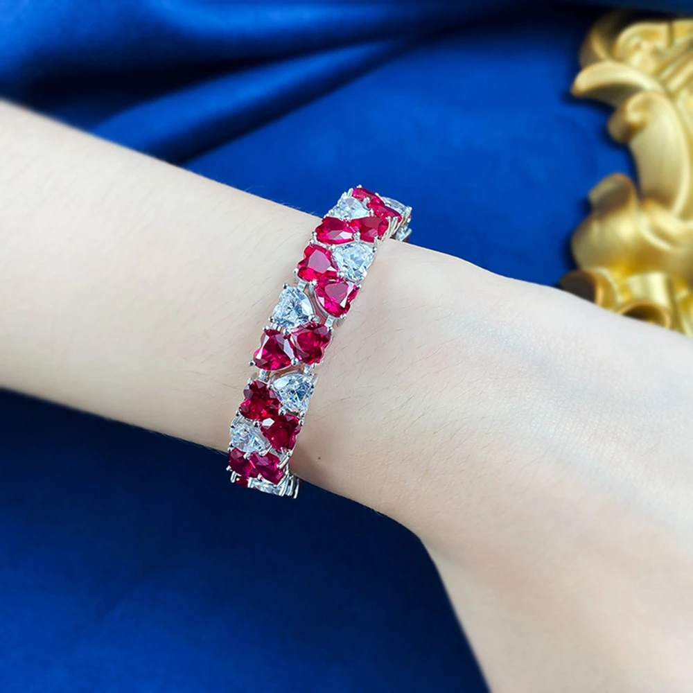 Wong Rain 925 Sterling Silver Heart Cut Ruby Gemstone Luxury Fine Bracelet for Women Wedding Gifts Vintage Jewelry Free Shipping