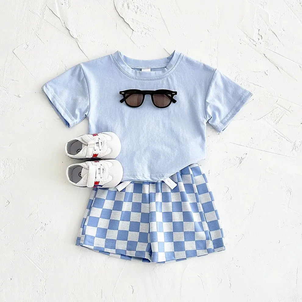 Ins Summer Newborn Boys Girls Clothing Baby Set Solid Short Sleeved T-shirt+Checkerboard Shorts Cotton Casual 2PCS 0-3Y