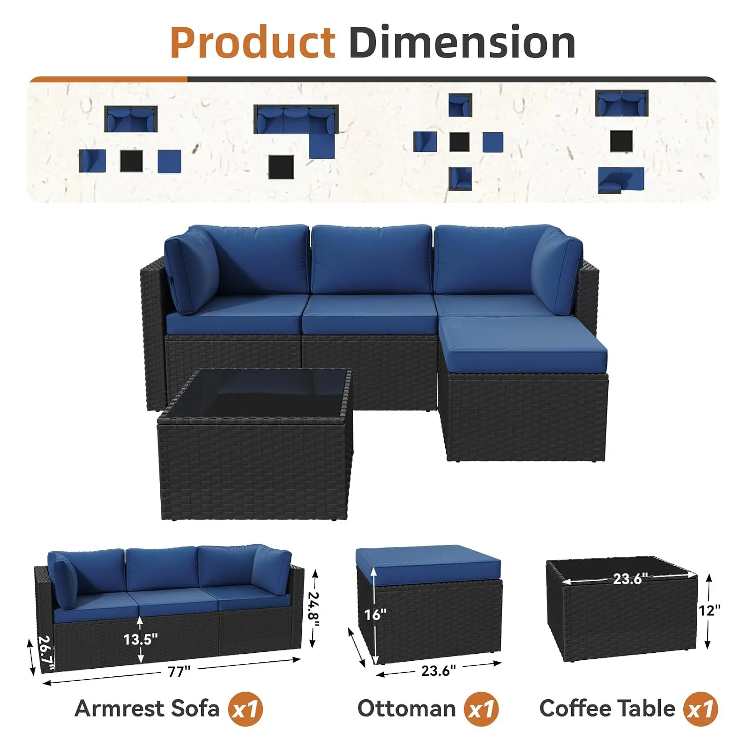5-Piece Outdoor Sectional Sofa with Washable Cushion, Wicker Rattan Set for Backyard Porch Poolside, Navy, Customized