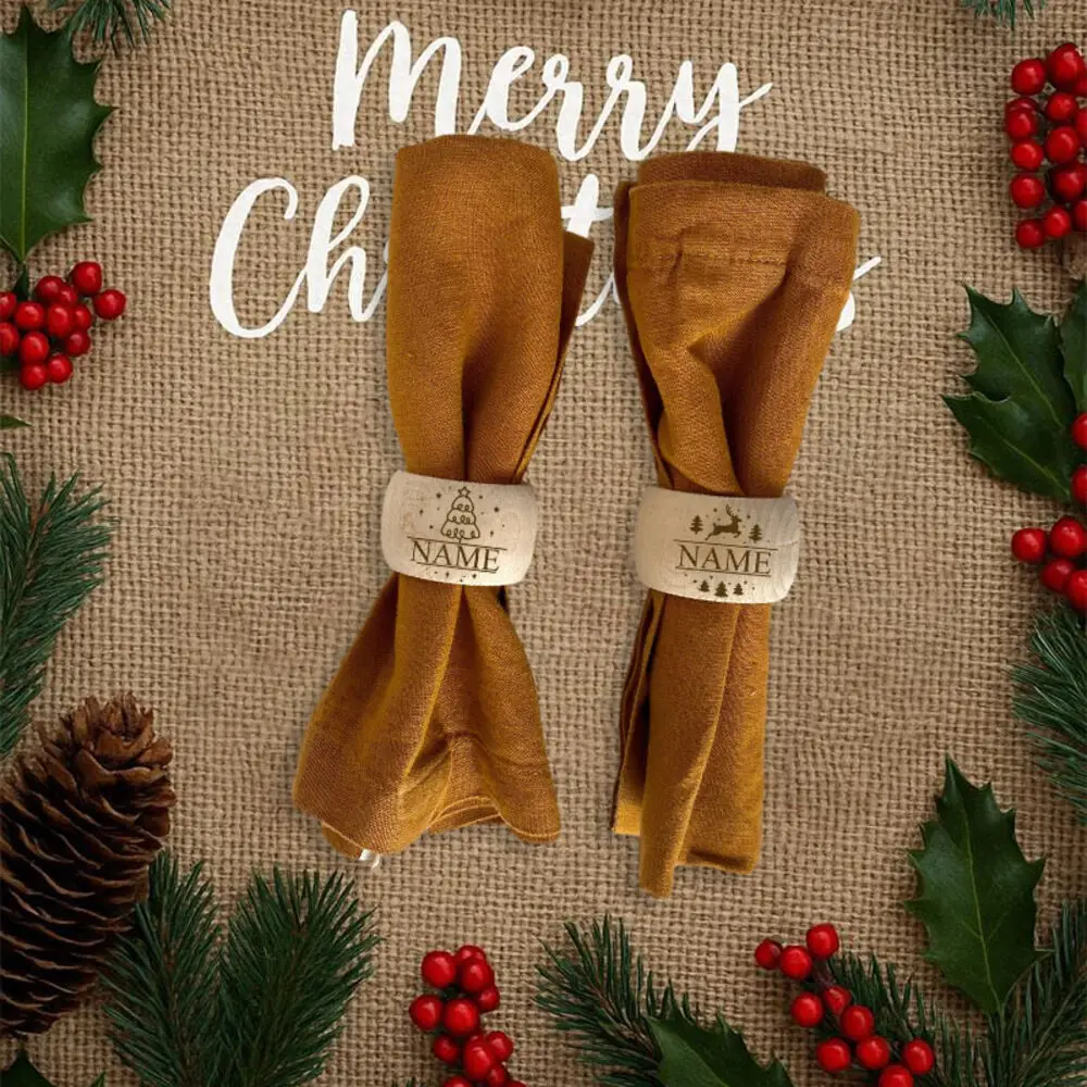 Custom Name Christmas Napkin Ring Reindeer Christmas Tree Printed Wooden Napkin Holder Xmas Party Table Decor