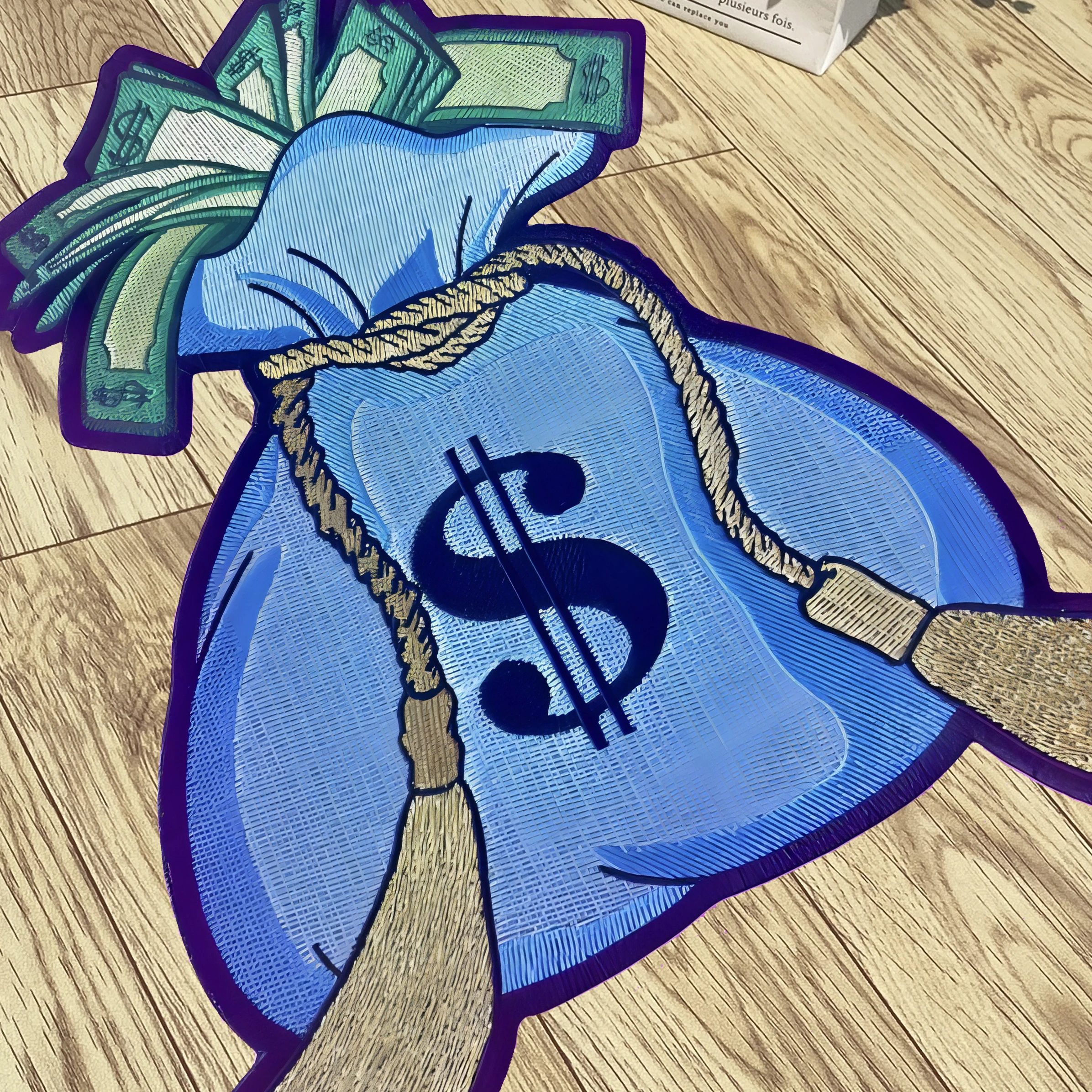 Blue Money Bag Soft Carpet Flannel Carpet Digital Printing Technology Housewarming Gift Custom Non-slip Decorative Carpet