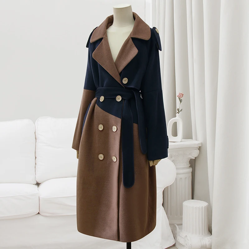 Senior Sense Korean Collision Color Stitching Design Tweed Coat Female Winter New Long Paragraph Double-Breasted Tweed Jacket