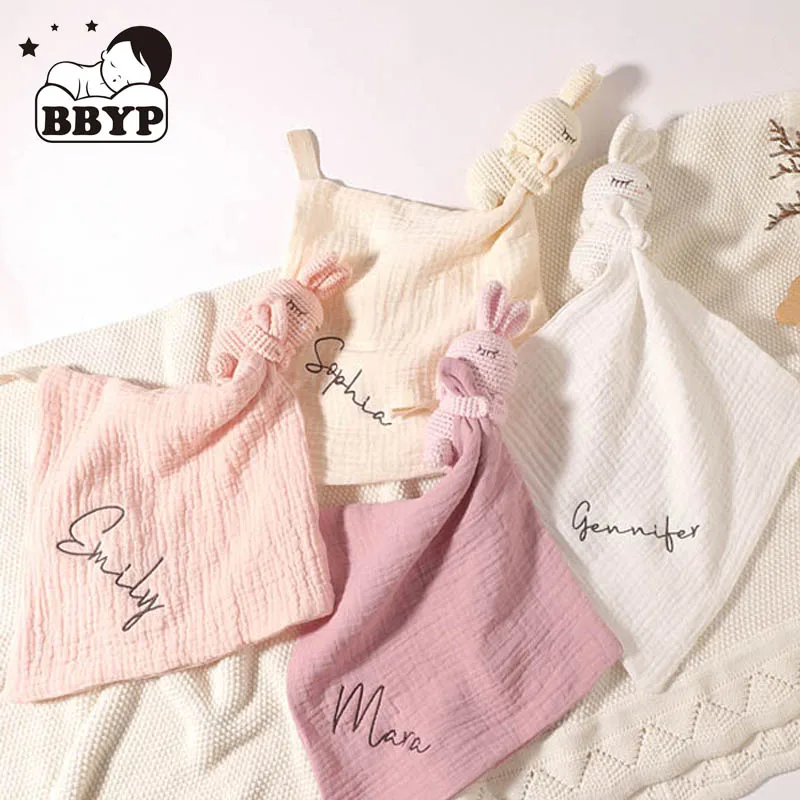 Personalized Name Crochet Bunny Animal Toy Lovely Baby Towel Feeding Bib Soft Security Blanket doudou Cotton Burping Cloth