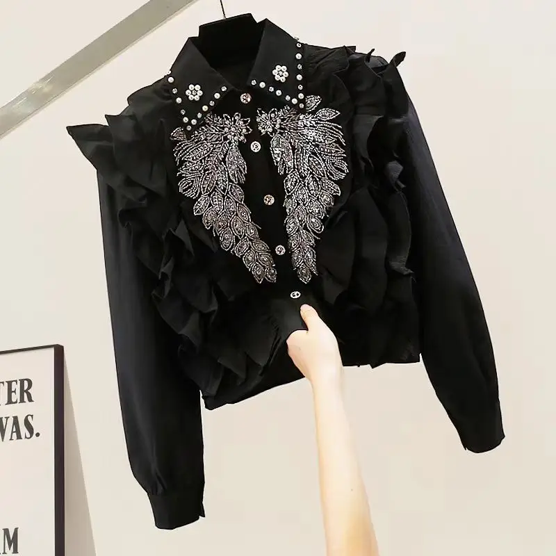 New In 2024 Autumn Beaded Lace Embroidery Stitch Short Shirts For Women Long Sleeve Buttons Up Blouses Fashion Black White Top