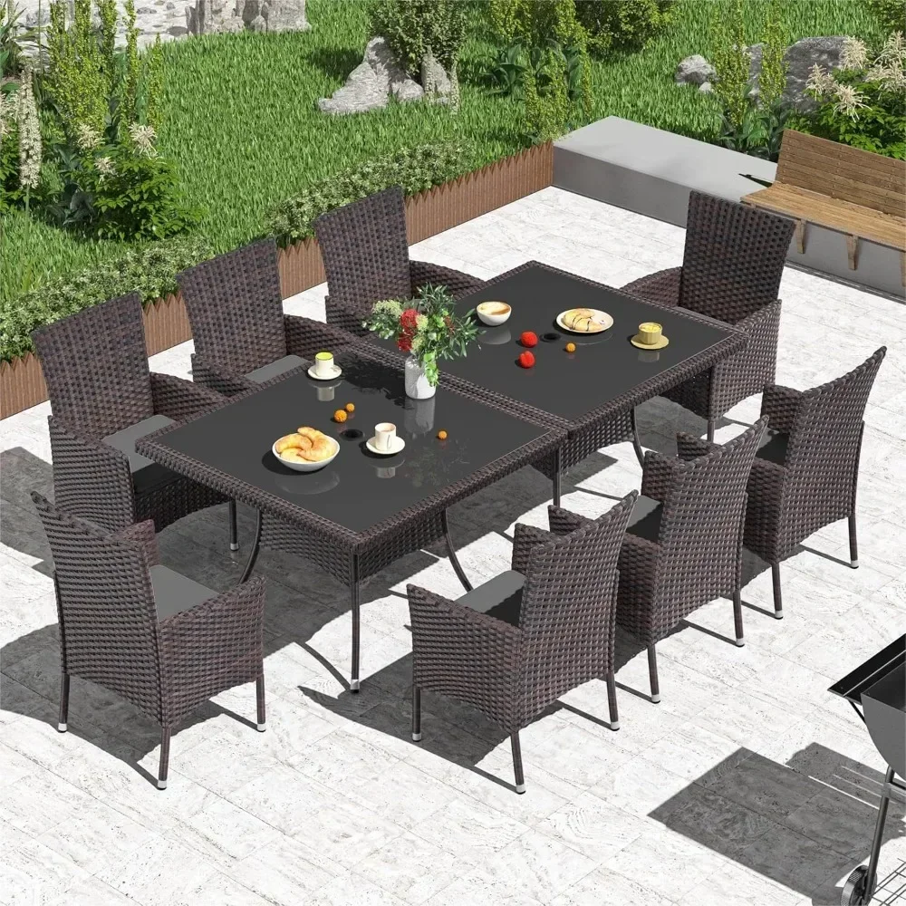 

Courtyard rattan outdoor dining table set, square tempered glass tabletop with umbrella hole and 8 chairs, gray