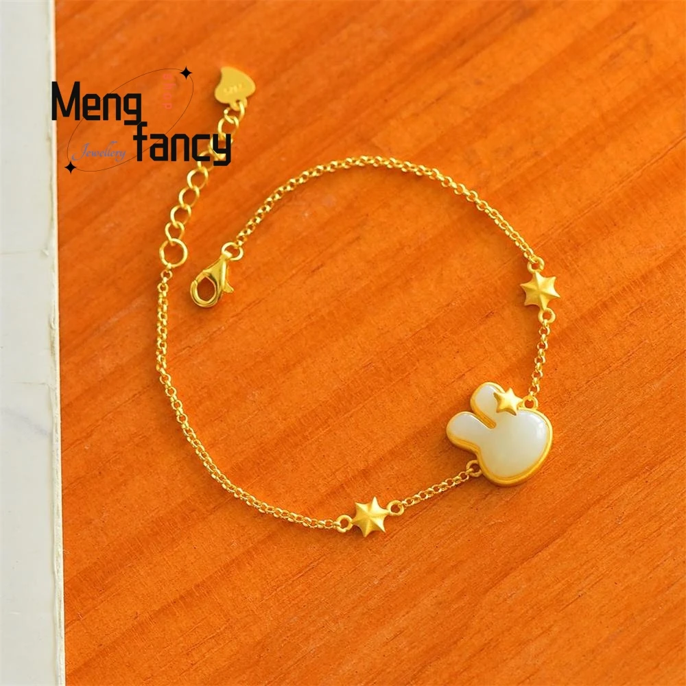 S925 Silver Natural Hetian Jade Rabbit Exquisite Elegant Simple High-grade Bracelet Luxury Fashion Jewelry Couple Holiday Gifts
