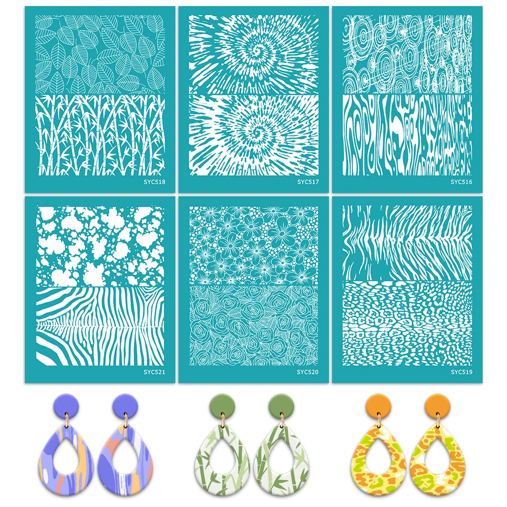 Leaf/Bamboo/Flower Pattern Silk Screen Stencil for Polymer Clay Reusable Silkscreen Mesh Transfer Paper DIY Jewelry Earrings