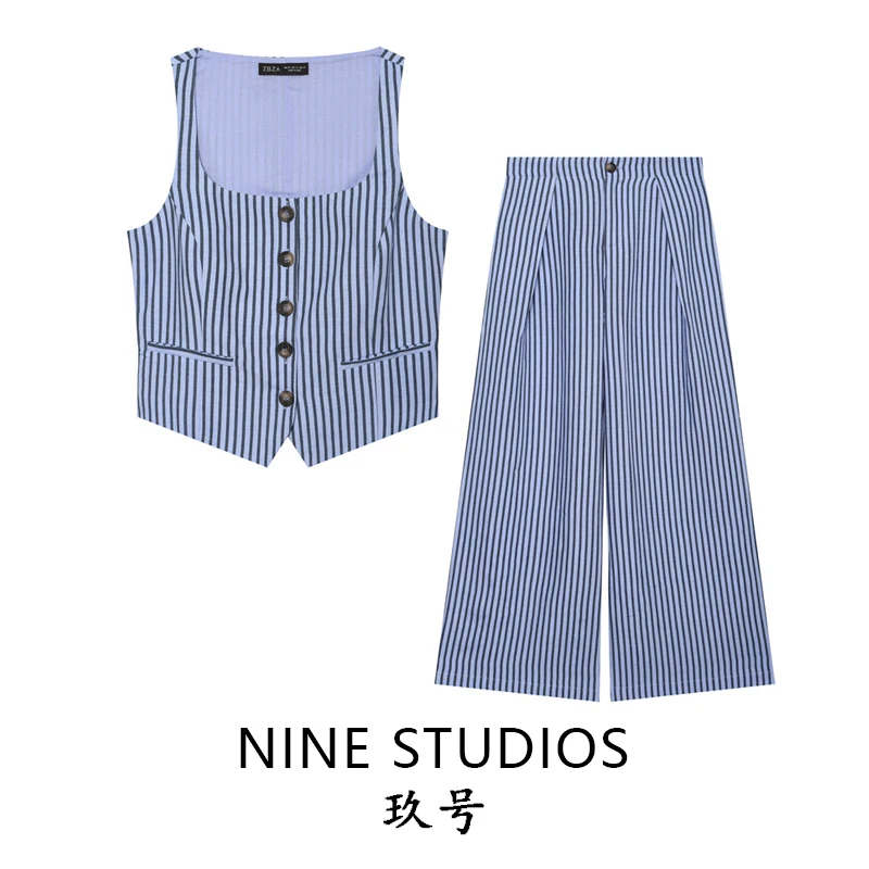 High Waist Striped Vest Top And Long Pants Set Women's Fashion Summer Outfit Square Collar Sleeveless Two-Piece Ensemble