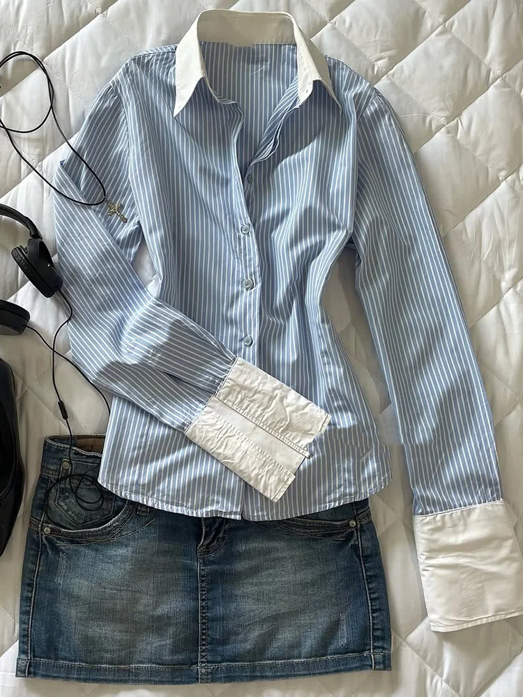 

Ele Vintage Blue Striped Long Sve irt Women's Faion Slim Fit Spring Commute Sle Polyester Fiber Cotton Blend