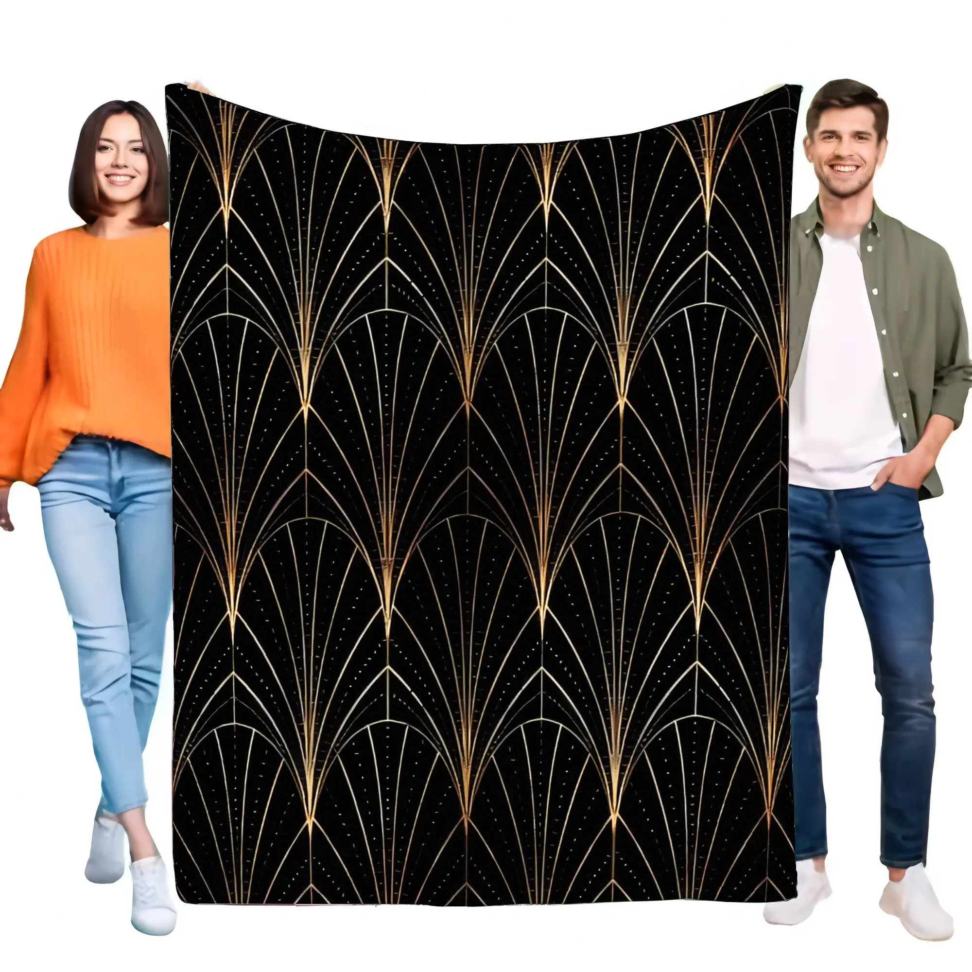 Luxuriöse, elegante Art-Deco-Decke mit geometrischem Fächermuster in Schwarz und Gold, ultraweicher Flanell-Fleece-Schlafsofabezug für Sofa, gemütliche Wärme, Heimdeko