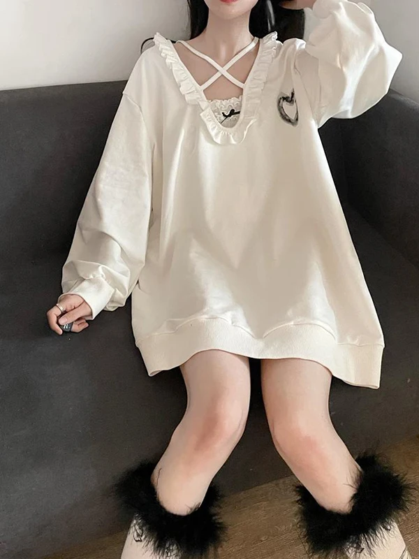 

Женский комплект больших размеров: корейская толстовка с перекрестными оборками и свободный топ-майка, осенний повседневный комплект из двух предметов для фигуры типа «груша»