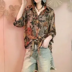 2023 Summer New All-match Casual Three Quarter Hong Kong Breeze Fashion Printed Lapel Medium and Long Loose Lantern Sleeve Shirt