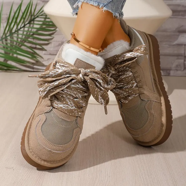 Damen Echt-Schaffell-Wollschneestiefel 2026 Neues Design Niedriger Schaft Dicke Sohle Schnürung Natürliches Fell Warme Baumwollschuhe Winter Herren Hausschuhe – Detail 3
