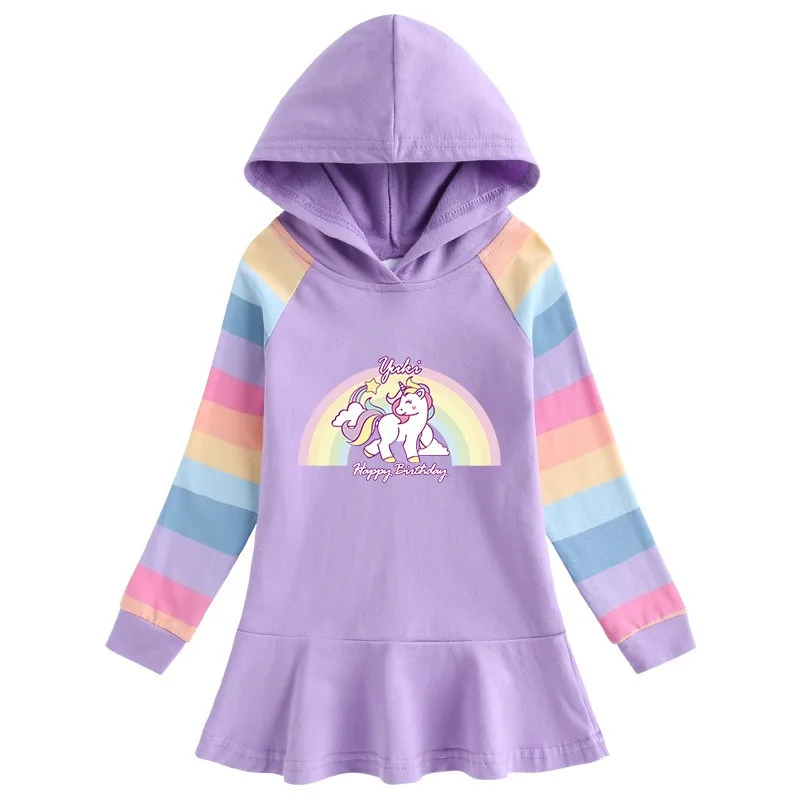 New Unicorn Princess Dress Cotton Autumn Toddler Kids Dresses Girls for Children Birthday Party Clothes Costume Hooded Rainbow