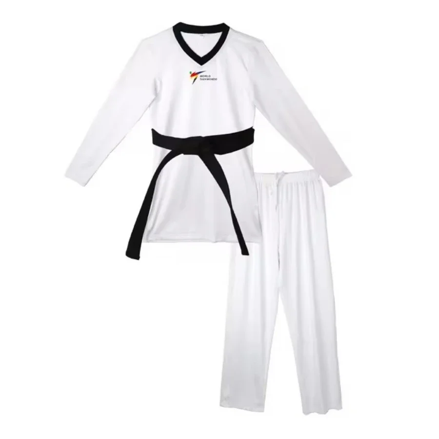 

Новый stijl Taekwondo-uniform Nauws Wilhelmend Stretch Sneldrogend Unisex Competitiepak Combat Dobok Logo Adripassen Wit