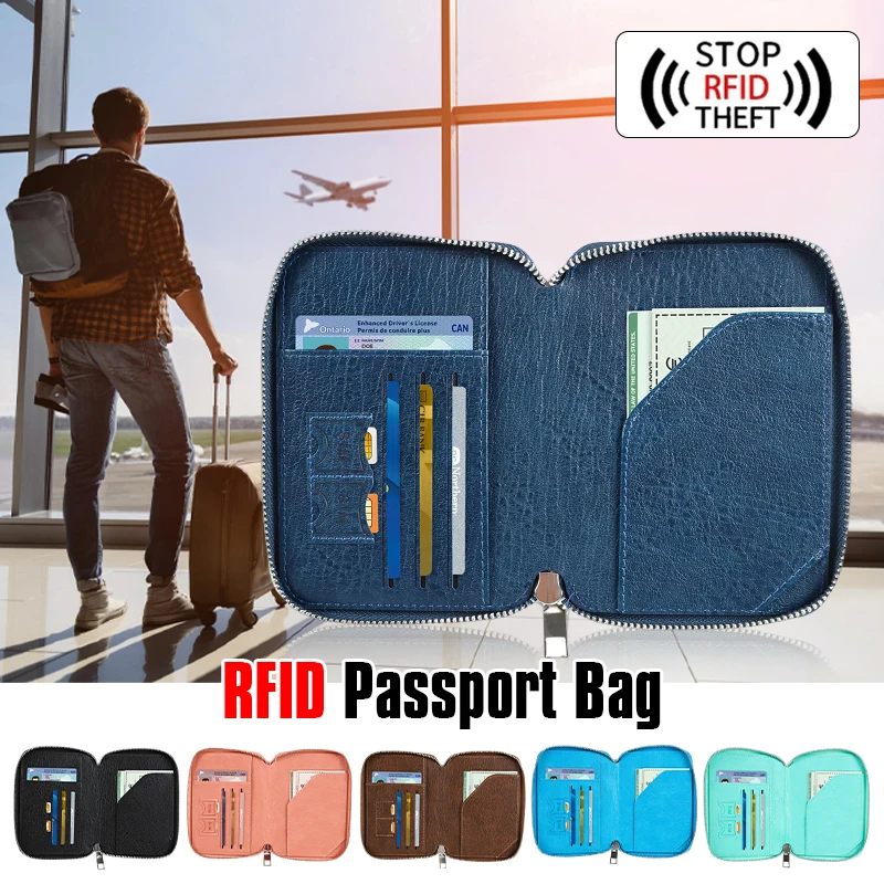 RFID Passport Bag Multifunctional Anti-Theft Brush Travel Documents  Pouch Leather Passport Wallet Zipper Passport Holder